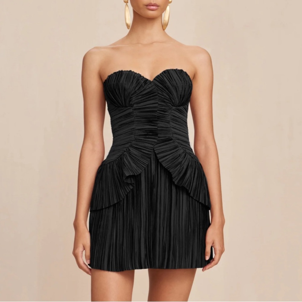 cult gaia Black Strapless Pleated Mini Dress